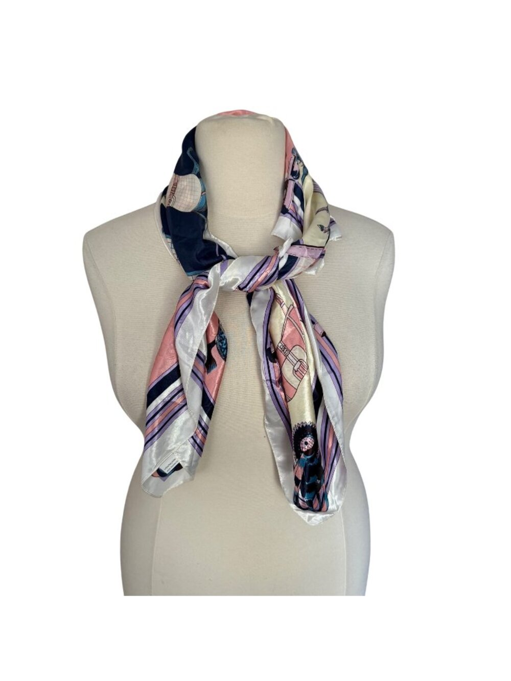 Equestrian Print Satin Vintage-Inspired Scarf Pastel Pink Navy & White Square